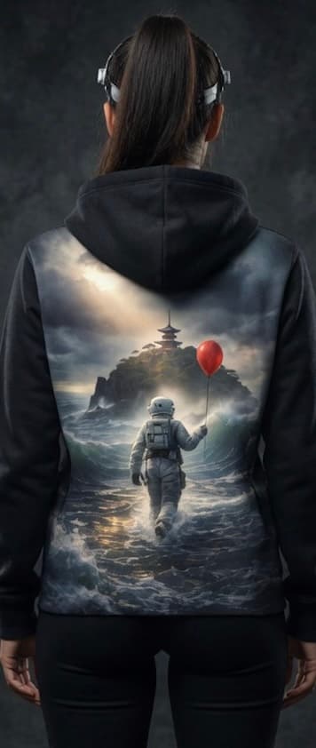 Astronaut sherpa hoodie — back print of a spacesuited figure walking toward a pagoda island, red balloon in hand