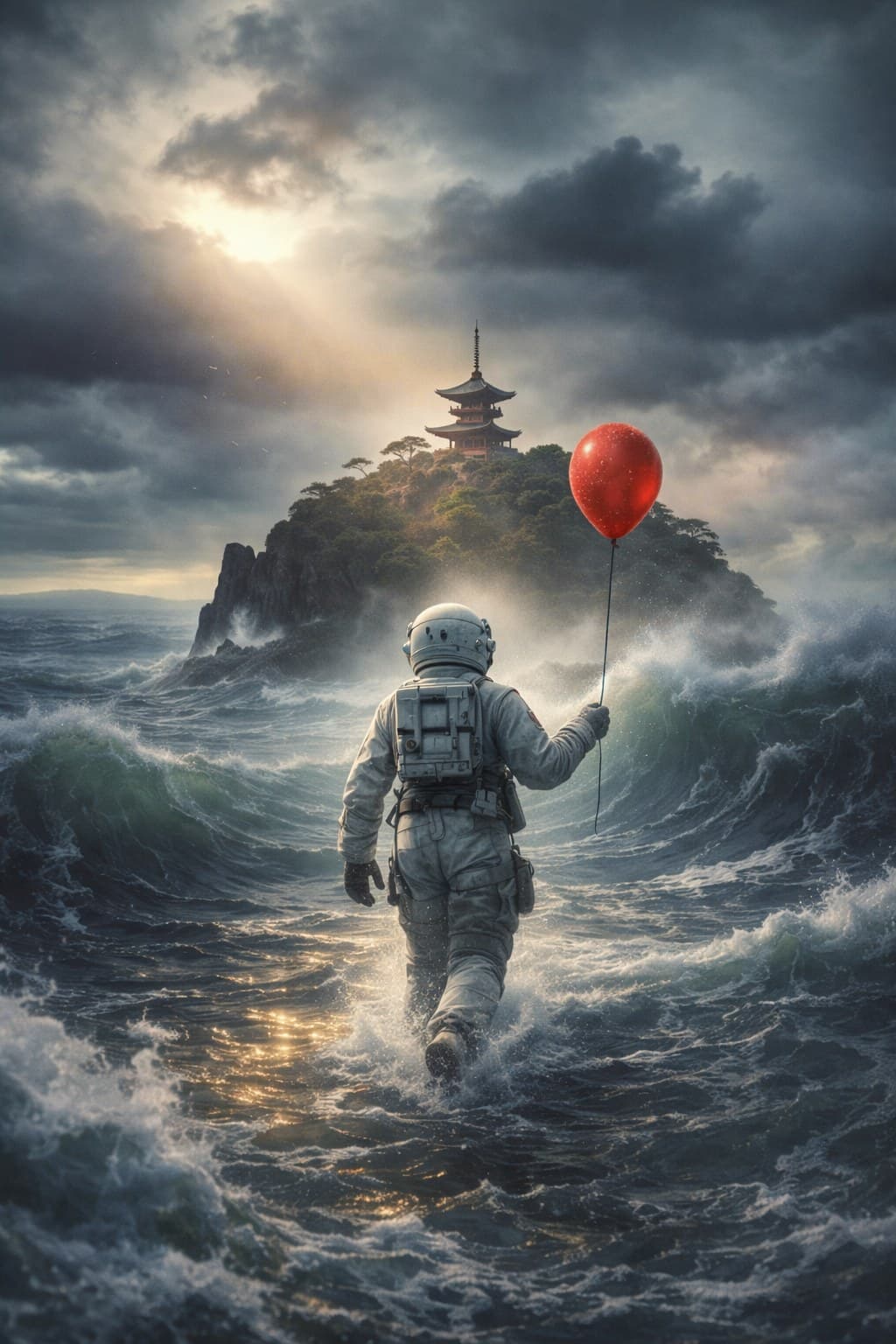 The Sherpa — an astronaut walking through rough seas toward a distant pagoda on a cloud-wrapped island, holding a red balloon